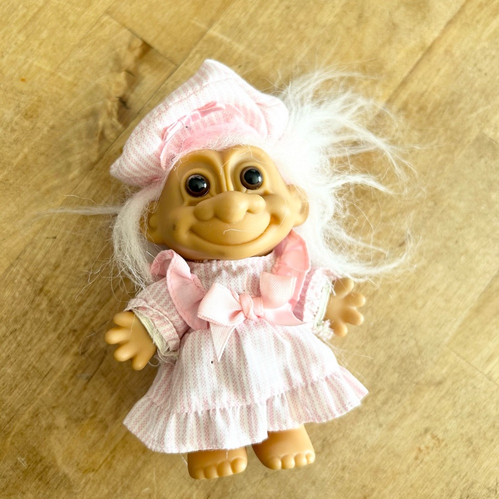 Vintage Vintage Russ Troll Doll Pink & White Striped Outfit with Hat 5”